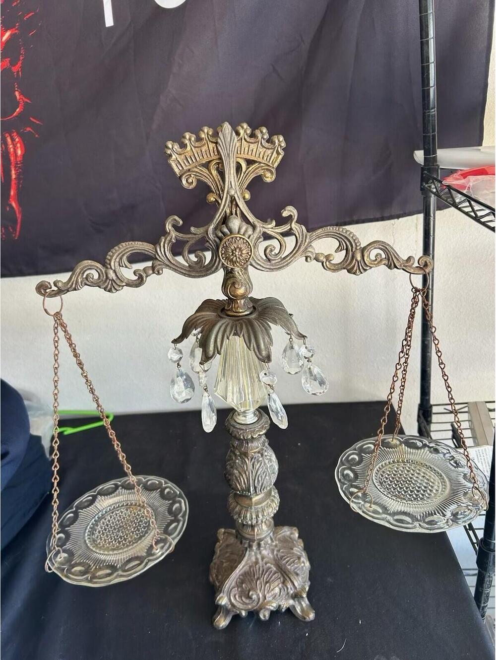Vintage Brass Balance Scale Dish Server Centerpiece Glass Plates Crystal Prisms